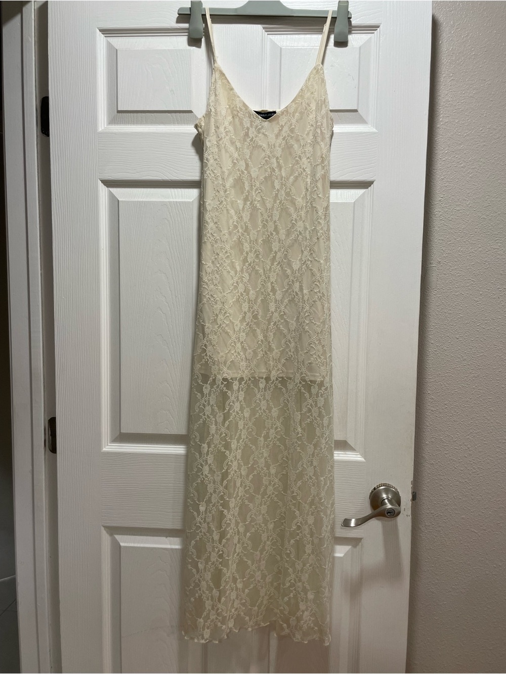 Cream Lace Midi Slip Dress with V-Neck